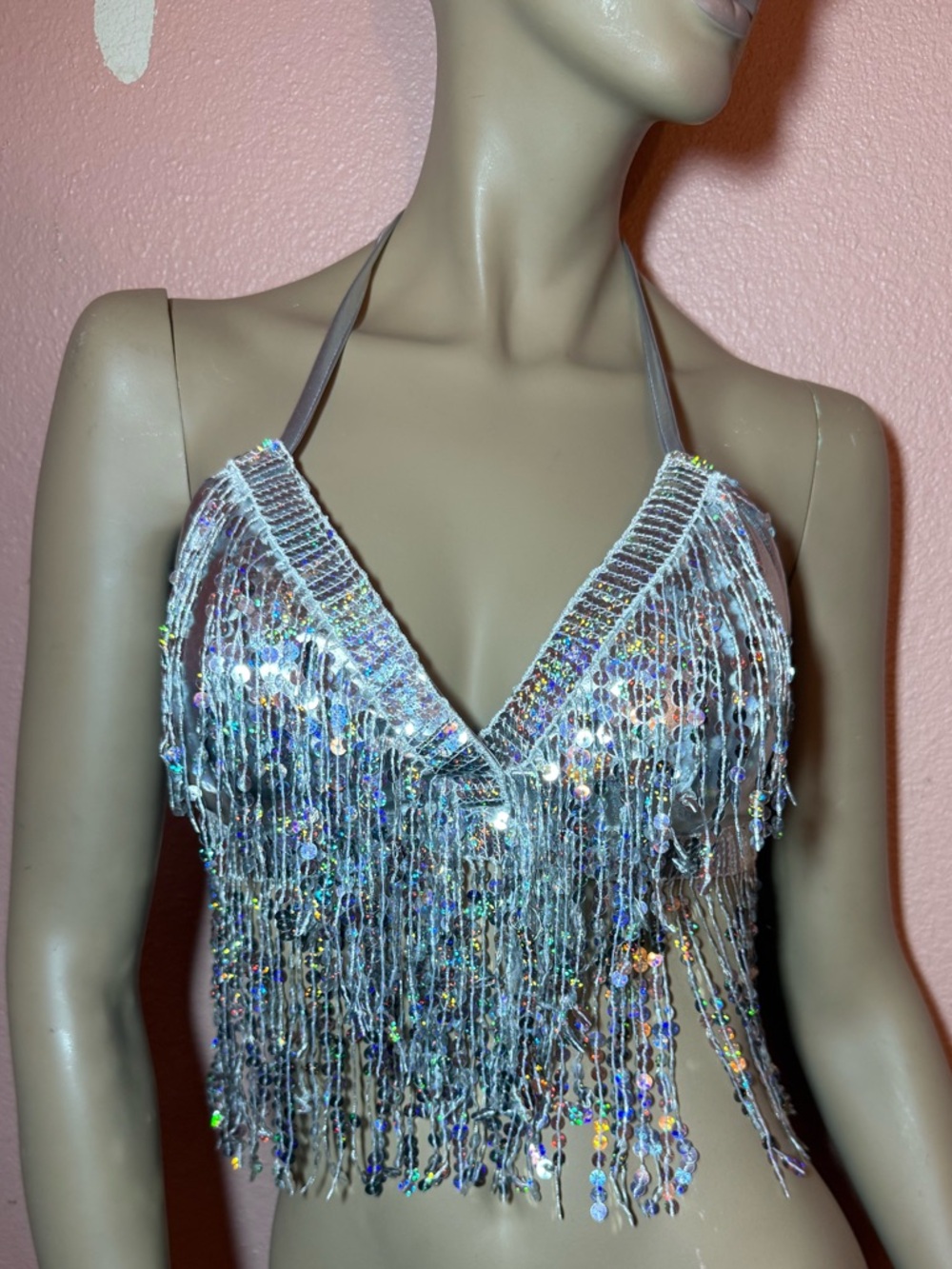 Silver Sequin Fringe Halter Top Festival Rave EDC Coachella One Size